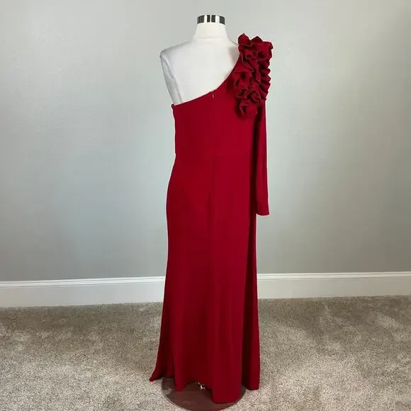 XSCAPE One Shoulder Long Sleeve Evening Gown Colorful Red Size 12P Formal Dress - Picture 7 of 12